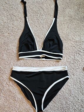 Black & White Trim Two-Piece High Waisted And Halter Bikini Set